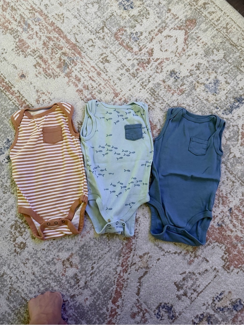 Cloud island Baby Bodysuit Trio - Striped, Fish Print, Solid Teal